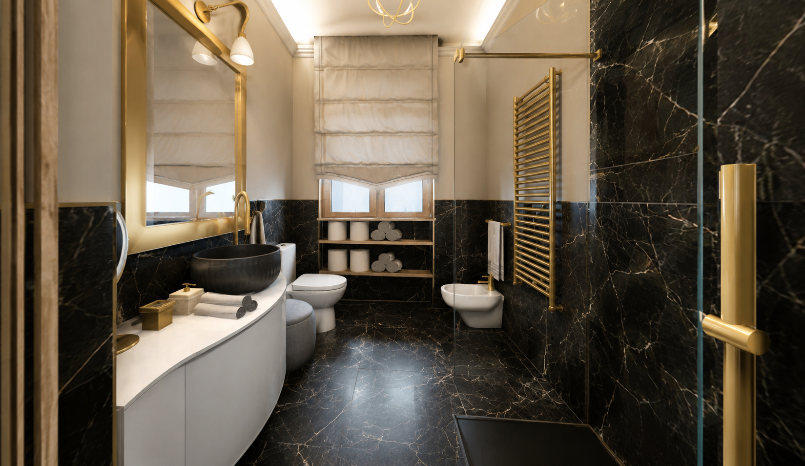 Bagno moderno con marmo e oro</p>
<p>