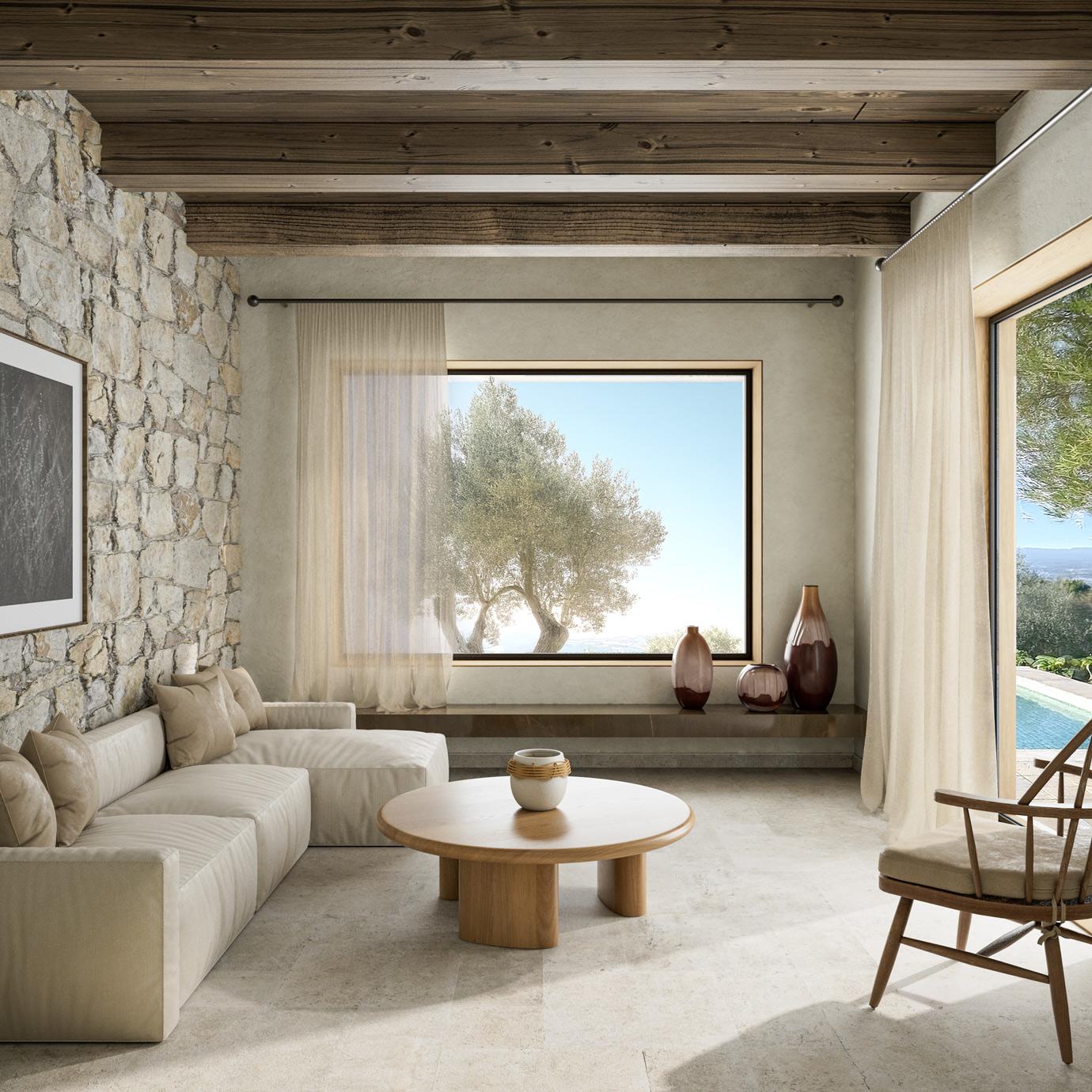 Design mediterraneo moderno con materiali naturali
